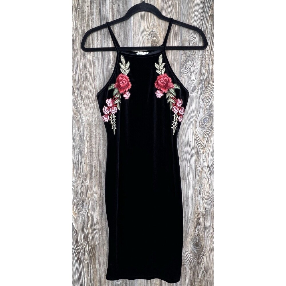 KTOO Velvet Dress MED Floral Embroidered Black Sleeveless Y2K Fairy Goth Romance